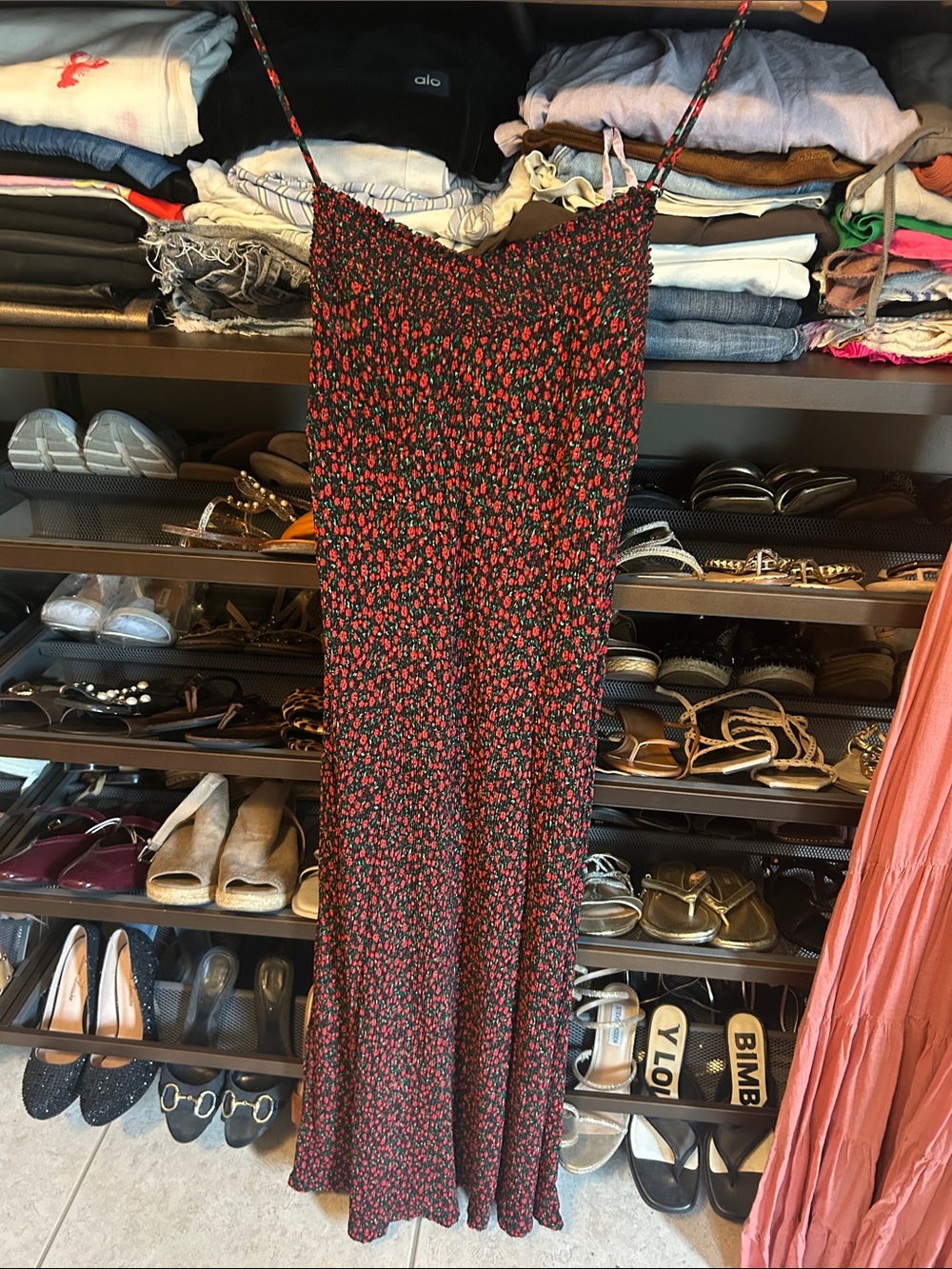 Mango Red and Black Floral Maxi Dress with Smocked Bodice